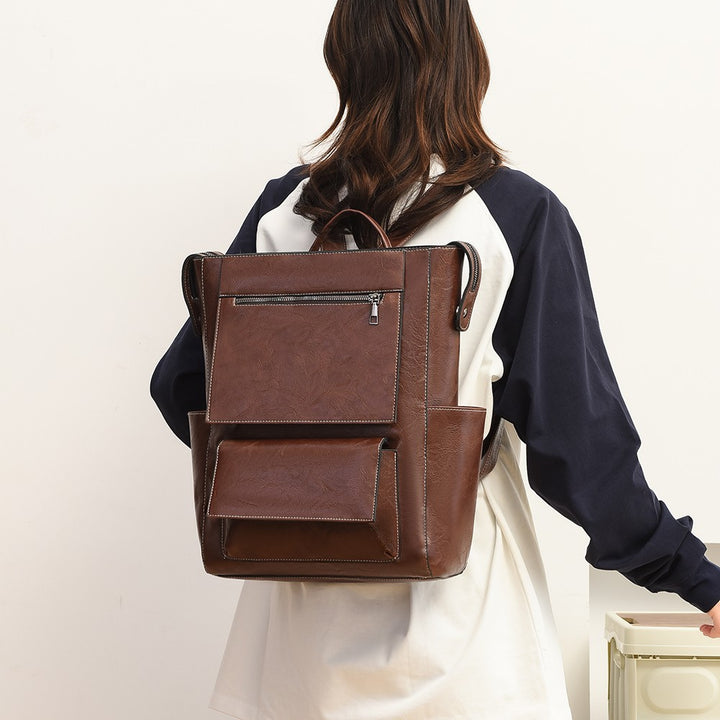 Multi-Pocket Genuine Leather Backpack Bowlift
