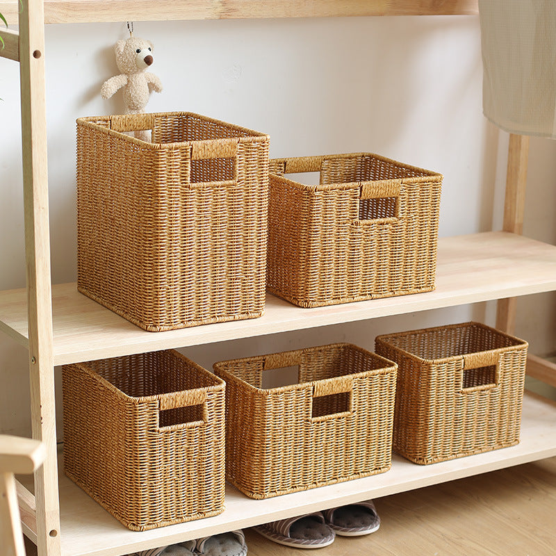 Handwoven Rectangular Storage Basket with Cutout Handles Bowlift