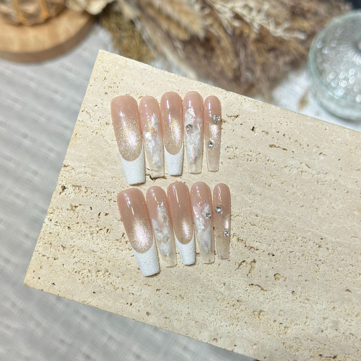 Elegant Press-On Nail Set with Floral and Gemstone Accents Bowlift