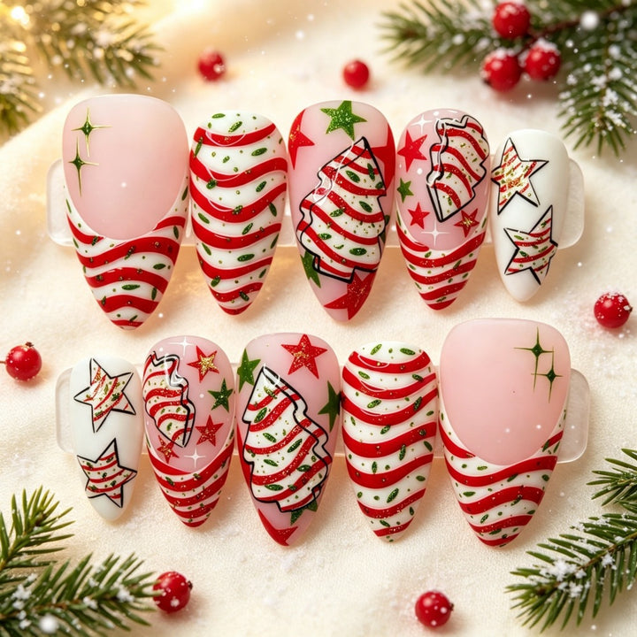 Artificial nails in festive Christmas design with colorful accents Bowlift