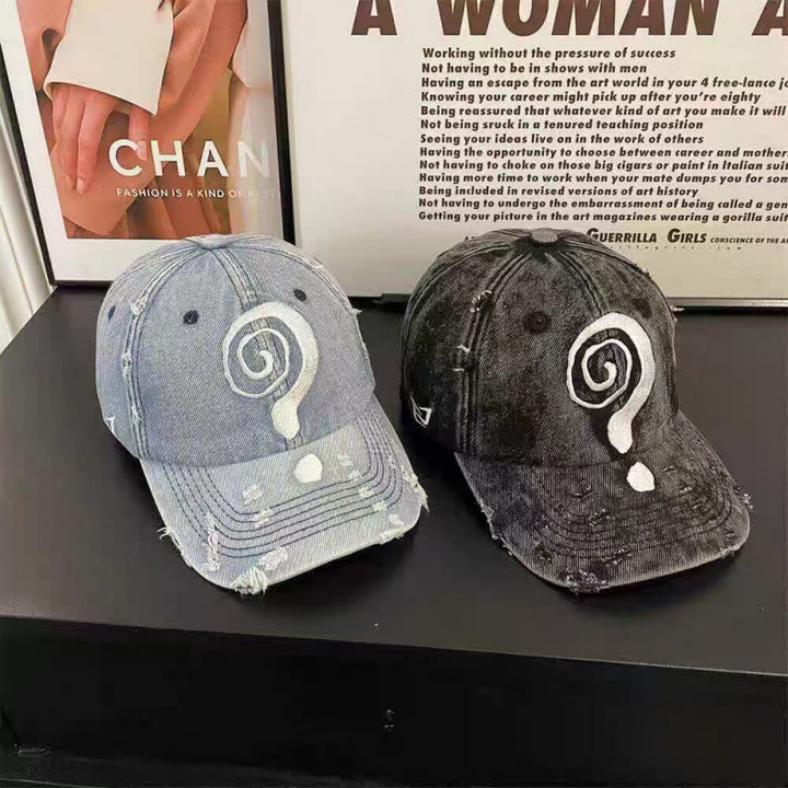Women's Distressed Denim Baseball Cap with Graphic Design Bowlift