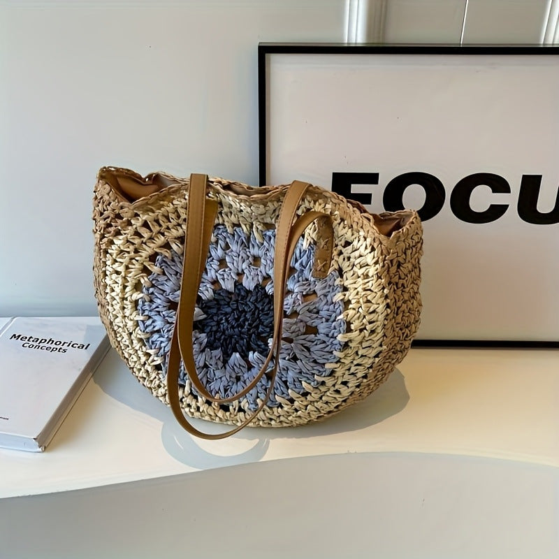 Macrame Beach Bag with Brown Leather Handles Bowlift