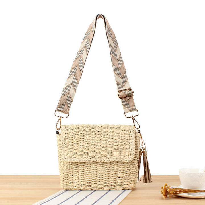 Woven Raffia Shoulder Bag with Decorative Shoulder Strap Bowlift