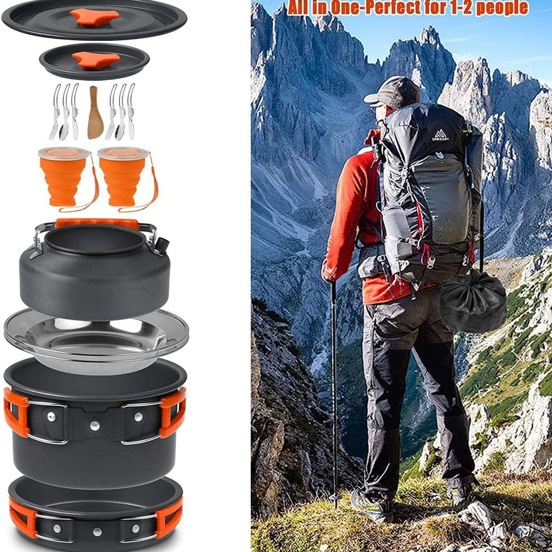lightweight nonstick anodized aluminum camping cookware set with folding-handle pot and kettle, collapsible silicone cups, stainless plates and cutlery Bowlift