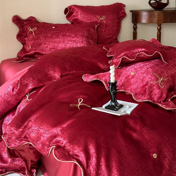 Luxurious Satin Bed Linen Set with Bow Embroidery and Piping Bowlift