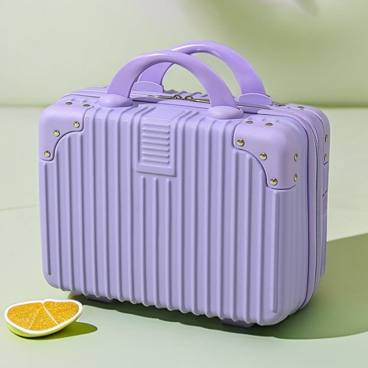 structured hard-shell vanity travel case with faux-leather corner reinforcements and dual top handles Bowlift