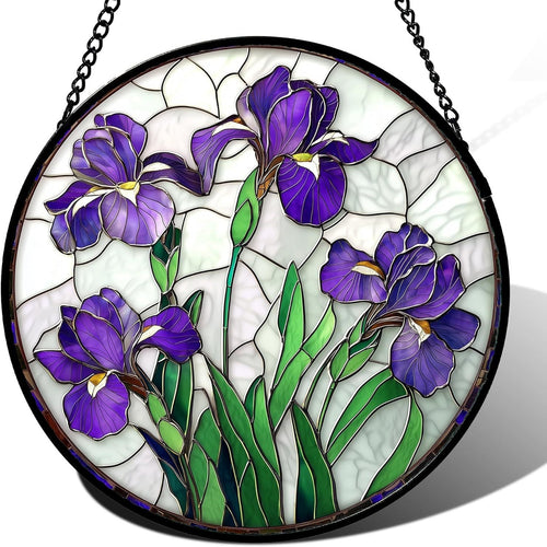 Round Stained Glass Suncatcher Window Panel With Purple Iris Tiffany-Style Leaded Art Glass