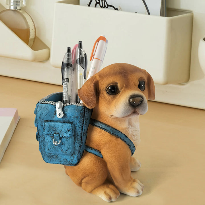 Decorative resin puppy pen holder with backpack desk organizer Bowlift