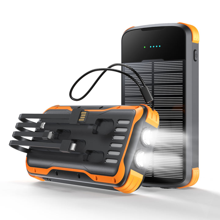 Rugged portable solar power bank with integrated LED flashlight and multi-tip charging cable Bowlift