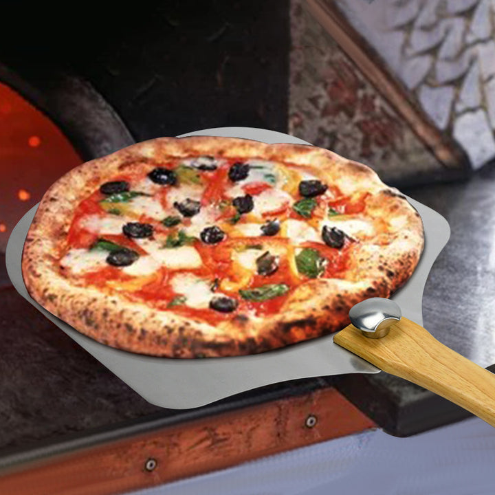 perforated stainless steel pizza peel with ergonomic wooden handle Bowlift