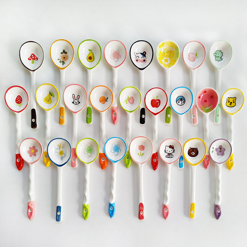 Ceramic soup spoon with lucky cat illustration and ergonomic long-handle Bowlift