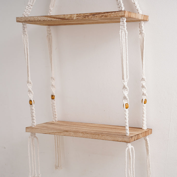 Macramé Floating Storage Shelf with Natural Wood Accents Bowlift