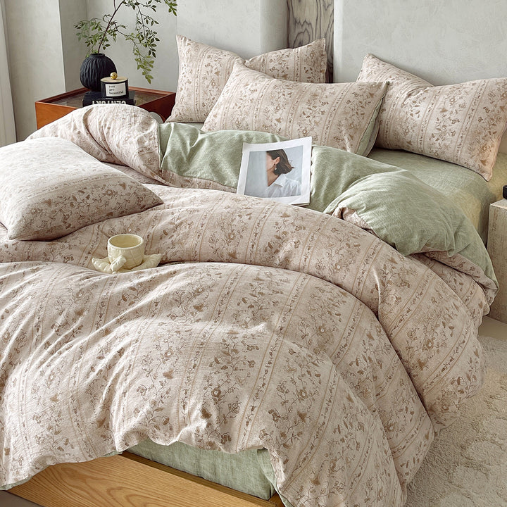 Floral Butterfly Duvet Cover Set With Brushed Cotton‑Blend Linen Texture And Corner Tie Pillowcase Ensemble