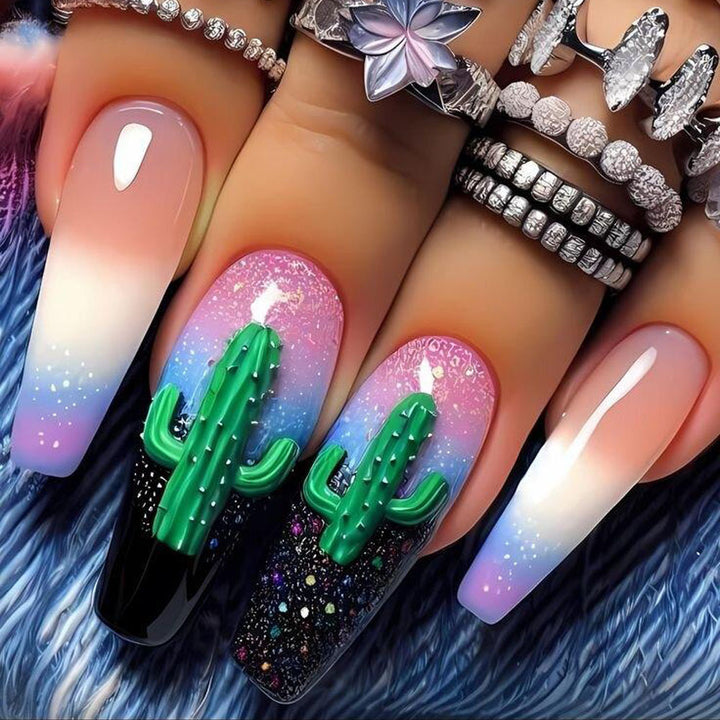 Artificial nails with 3D cactus design Bowlift