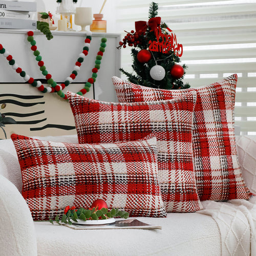 Square checked woven cushion cover in tweed look for sofa & festive decor Bowlift