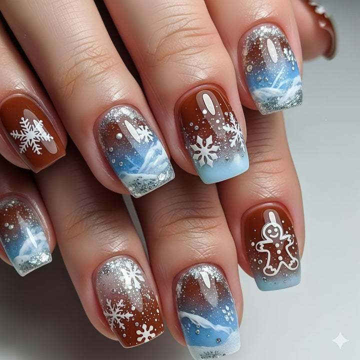 Artificial nails with festive snowflake and gingerbread motif Bowlift