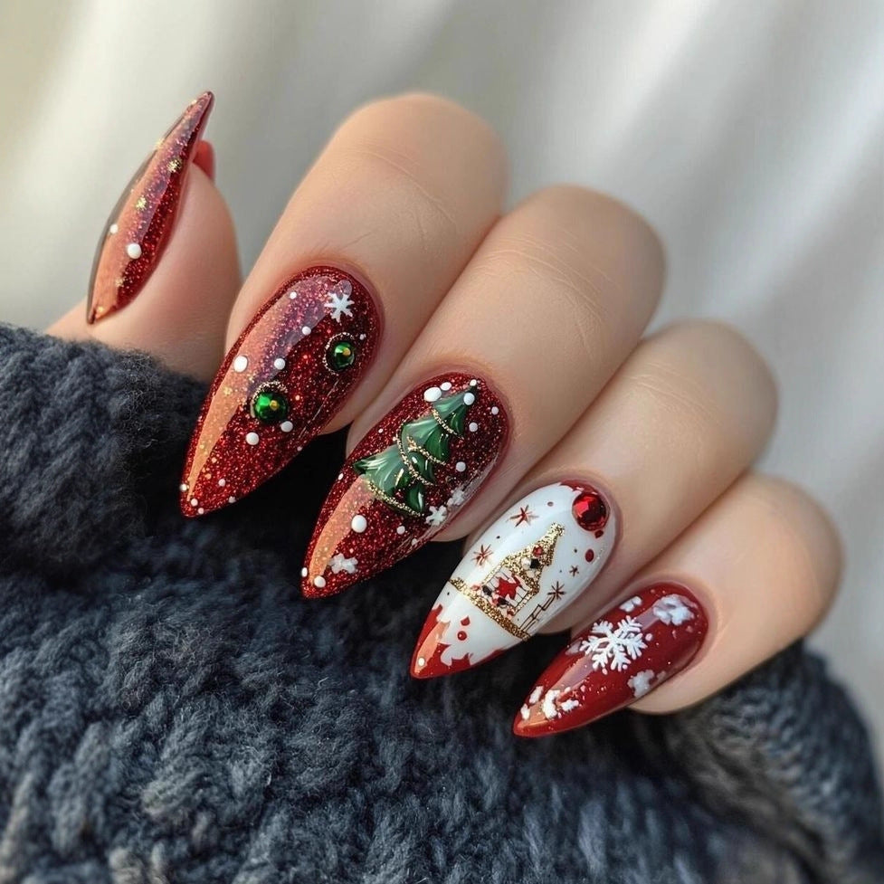 Artificial nails with festive Christmas design and glitter accents Bowlift