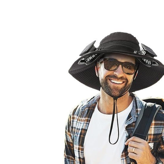 Sun Hat with Wide Brim for Outdoor Use, with Integrated Solar Cells and Adjustable Chin Strap Bowlift