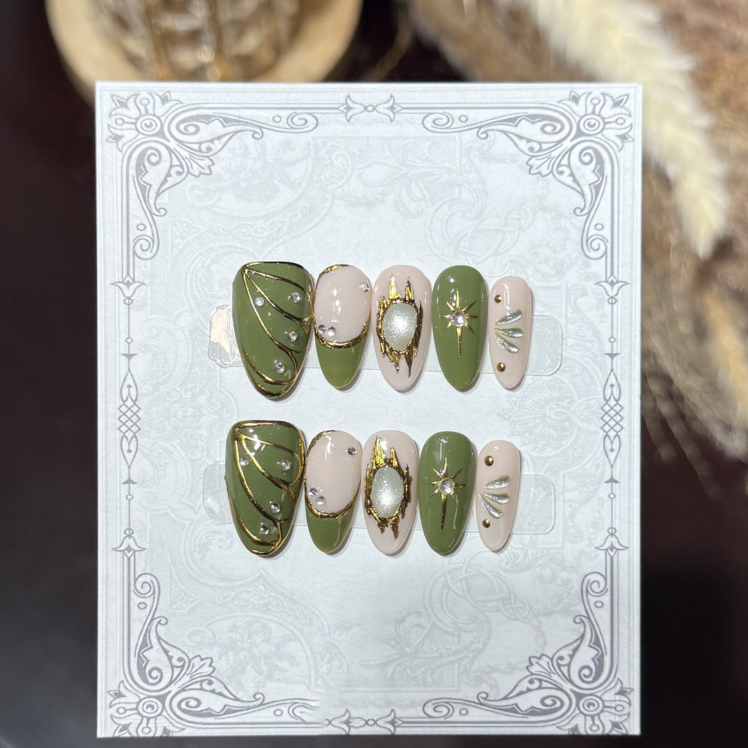 Decorative Press-On Nail Set with Celestial Accents Bowlift