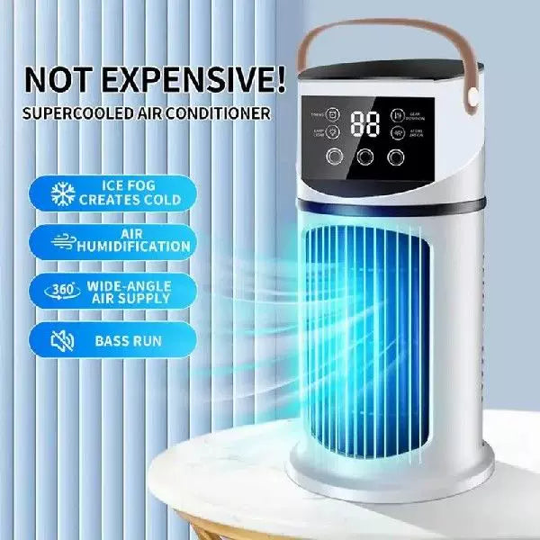 Unisex one size rechargeable tower climate fan with touch LED control, integrated humidifying reservoir, and leather carrying handle Bowlift