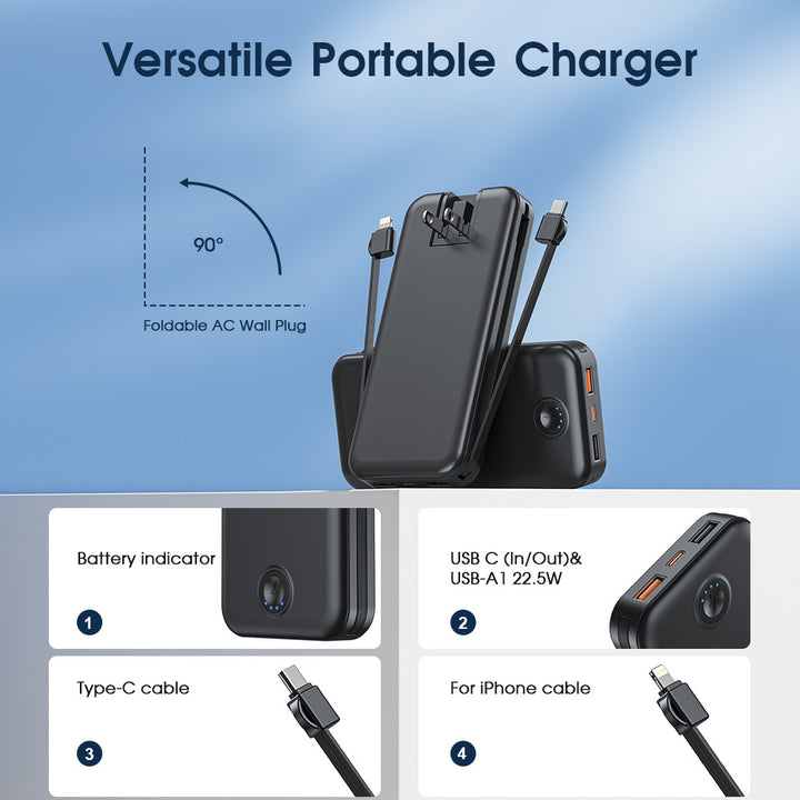 Powerbank with Integrated Wall Plug and Dual Charging Function Bowlift