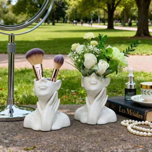 Sculptural Ceramic Face Vase And Makeup Brush Holder Set