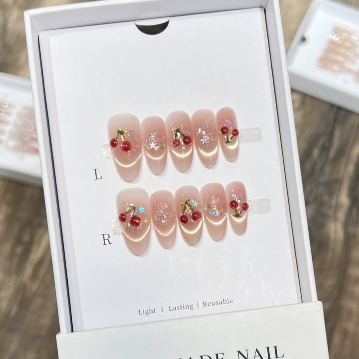 Handmade Cherry-Embossed Press-On Nail Set Bowlift