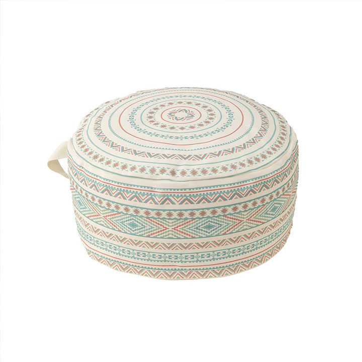Round floor pouf with ethnic weaving pattern and practical carrying handle Bowlift