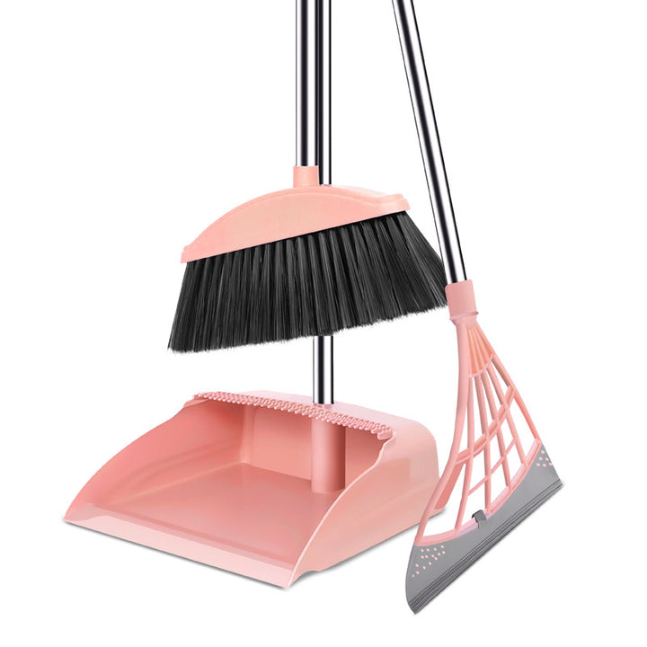 Adjustable Ergonomic Broom And Dustpan Cleaning Set With Detachable Squeegee And Stainless Steel Handle