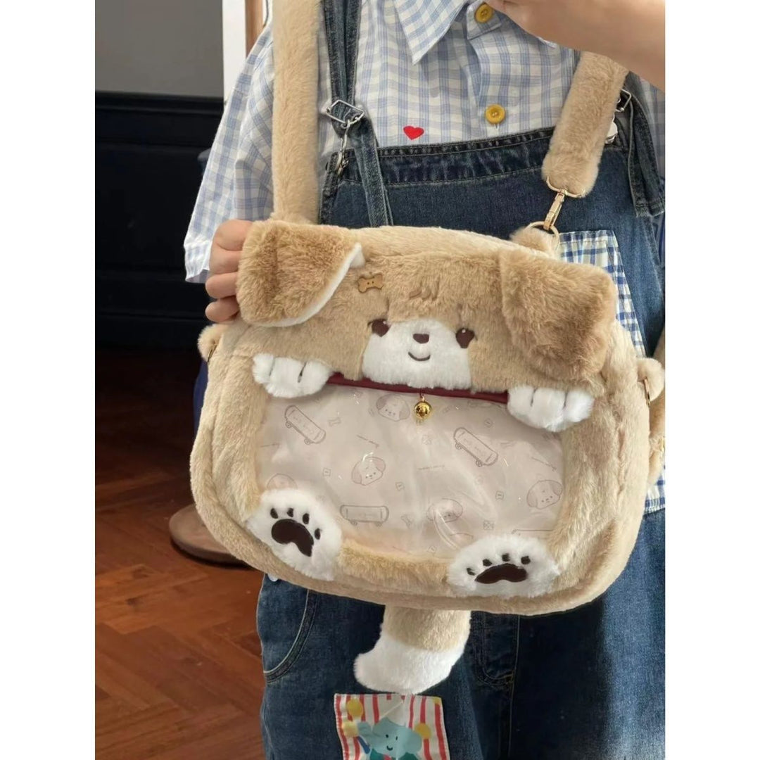 Plush Shoulder Bag with Dog Motif Bowlift
