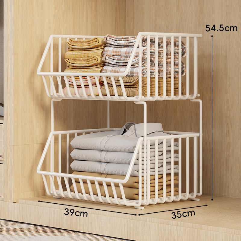 Stackable Multi-Tier Wire Closet Storage Basket Organizer with Open-Front Pull-Out Bins