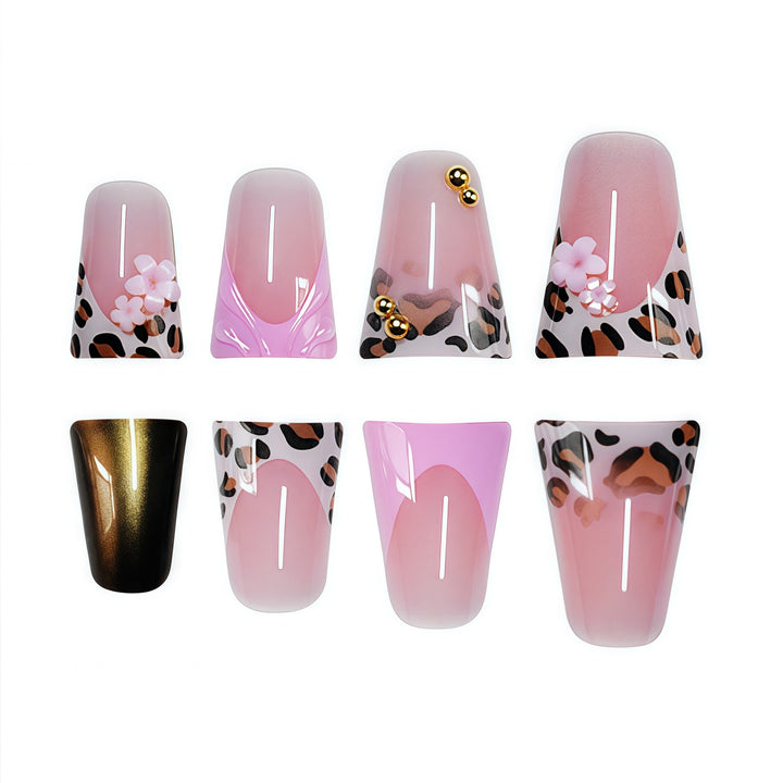Decorative Press-On Nail Art with Floral and Leopard Accents Bowlift