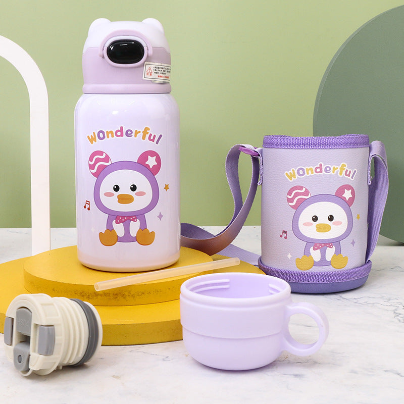 Ladies insulated drinking bottle with cute frog design and practical carrying strap Bowlift