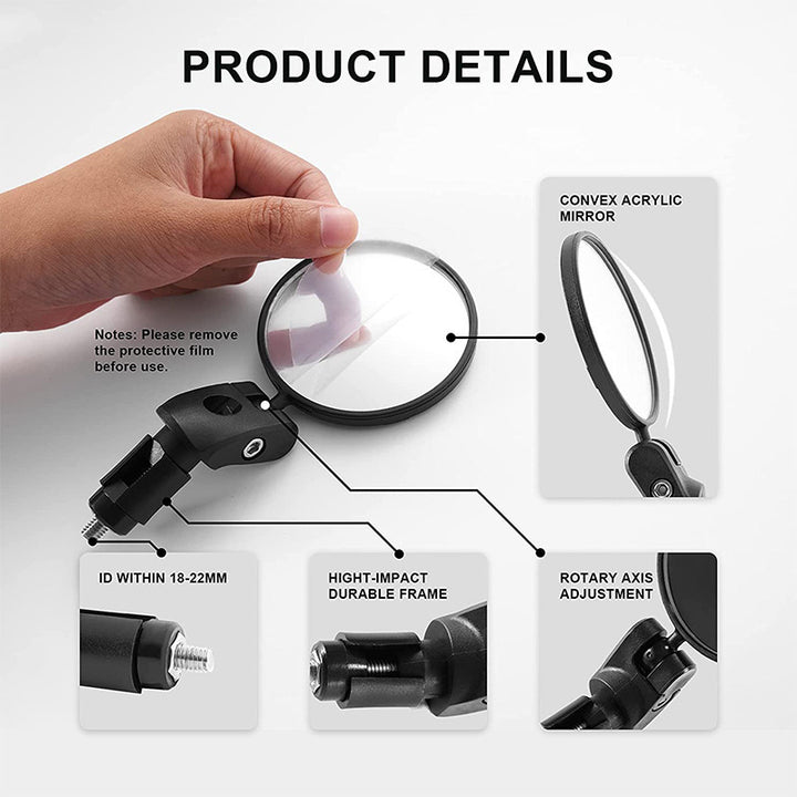 Compact Handlebar End Bike Mirror Pair with Full Rotation Swivel and Wide Angle Glass Bowlift