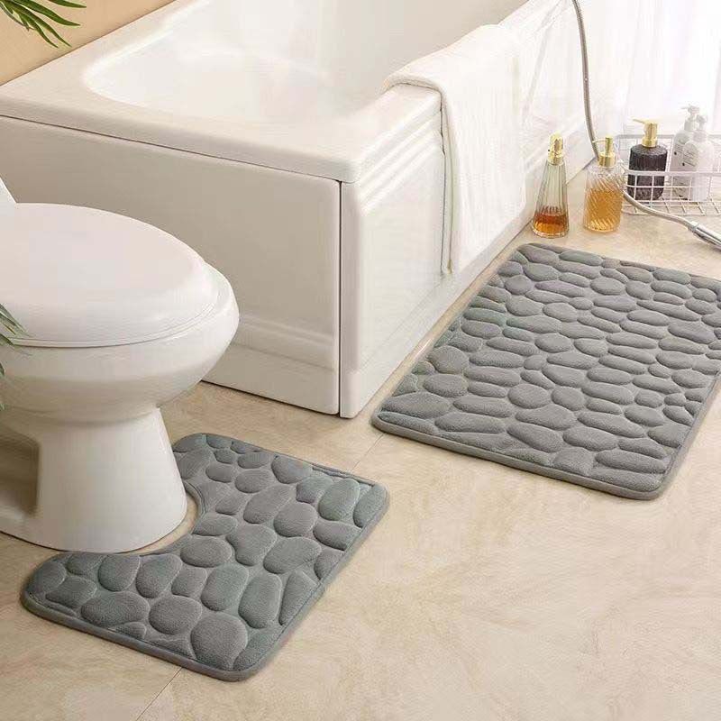 Non-Slip Memory Foam Pebble-Texture Bath Mat Set Bowlift