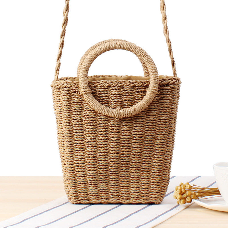Braided Bast Shoulder Bag with Round Handle Bowlift