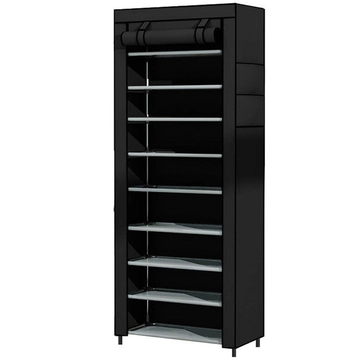 tall vertical shoe storage cabinet with roll-up protective cover and clear shelf panels Bowlift