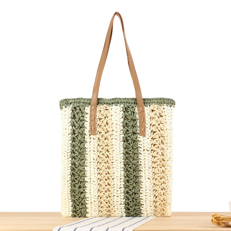 Braided Natural Material Beach Bag with Sturdy Leather Handles Bowlift
