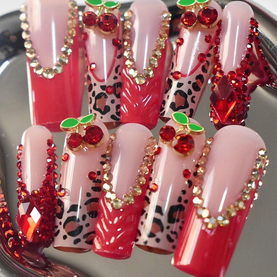 Decorative Long Press-On Nail Set with Gemstone and Floral Accents Bowlift