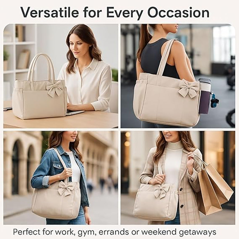 Practical tote bag with retractable shoulder strap and fashionable bow Bowlift