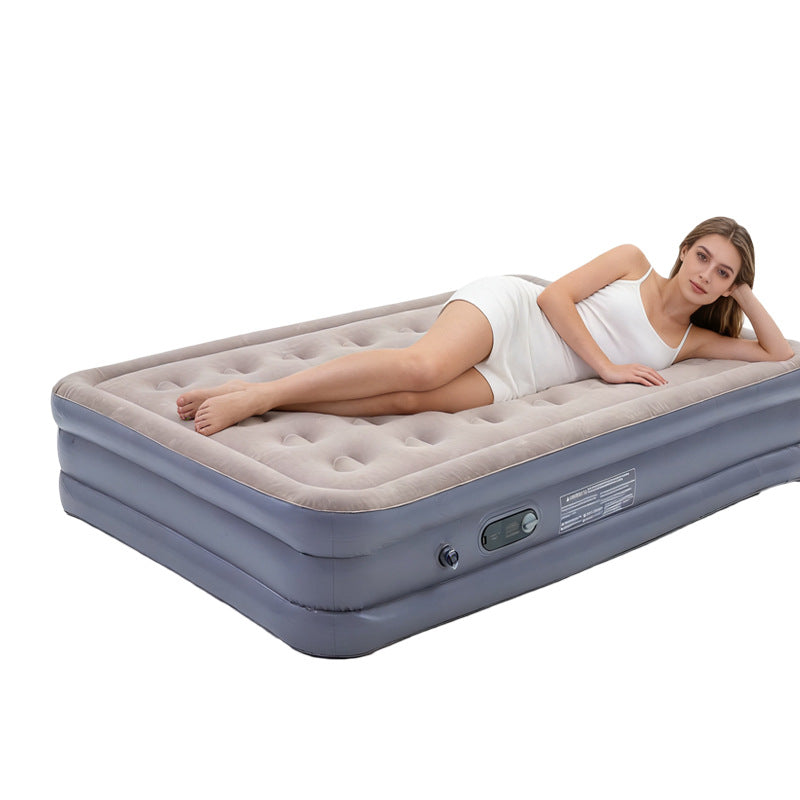 electric inflatable single air mattress with integrated auto pump, flocked tufted sleeping surface and raised edge support Bowlift