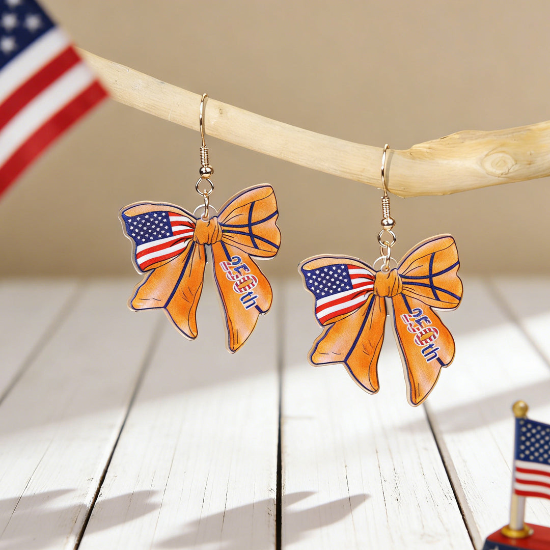 Women's acrylic statement earrings long pendant bow motif with patriotic print Bowlift