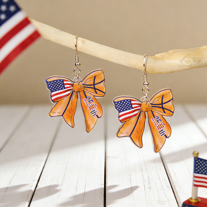 Women's acrylic statement earrings long pendant bow motif with patriotic print Bowlift