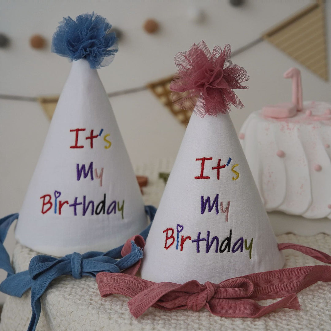 Children's Embroidered Cotton Birthday Cone Hat with Tulle Pom Pom and Adjustable Chin Ties