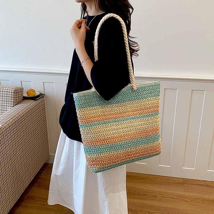 Striped Crochet Beach Tote with Rope Handles and Lined Interior Bowlift