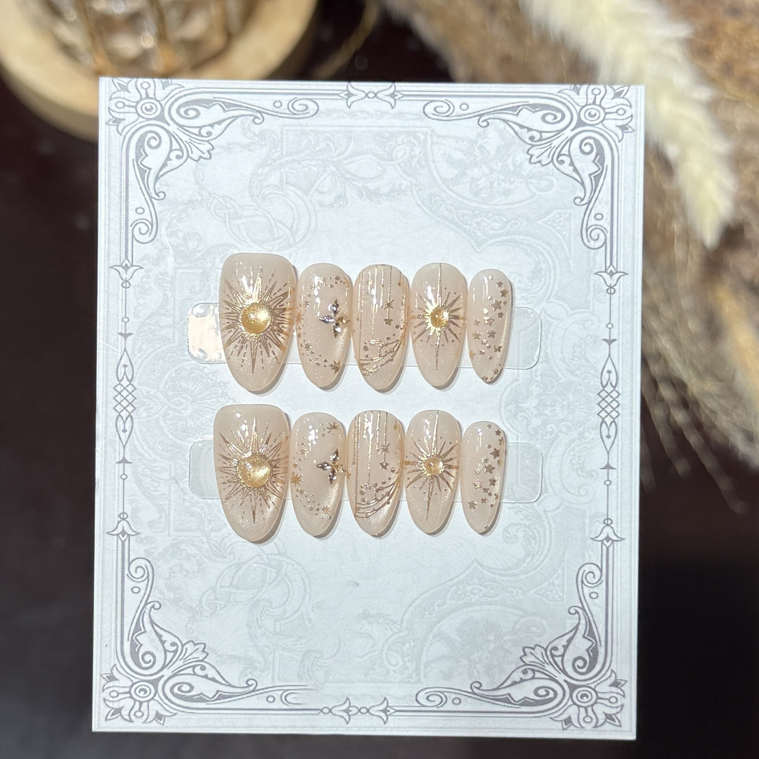 Decorative Press-On Nail Set with Celestial Accents Bowlift