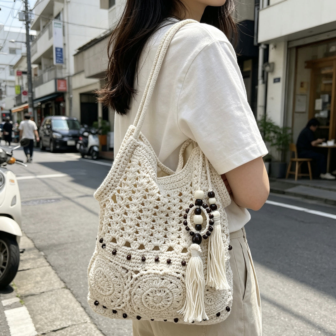 Fashionable Macramé Bag with Detailed Bead Decoration Bowlift