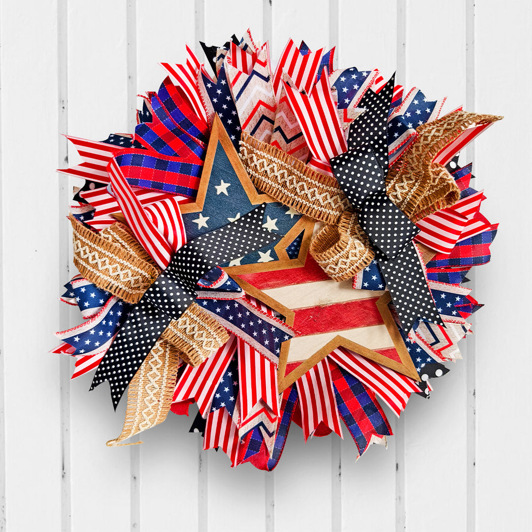 Unisex nan more patriotic door wreath with wooden star, multi-layered fabric bows and rustic jute ribbon Bowlift