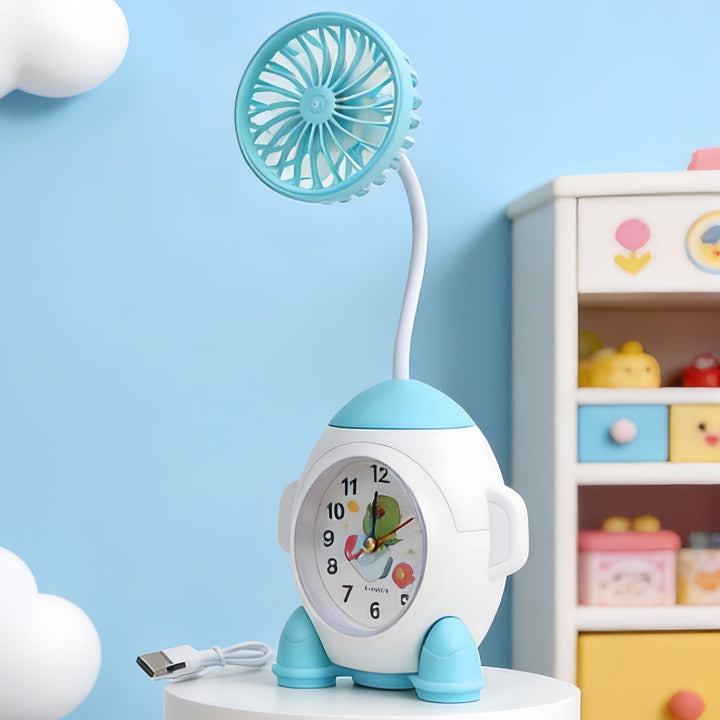 Usb-table fan with integrated clock and flexible tilt Bowlift
