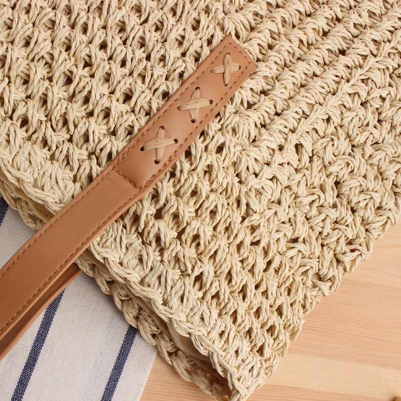 Natural bast shoulder bag with leather handles Bowlift